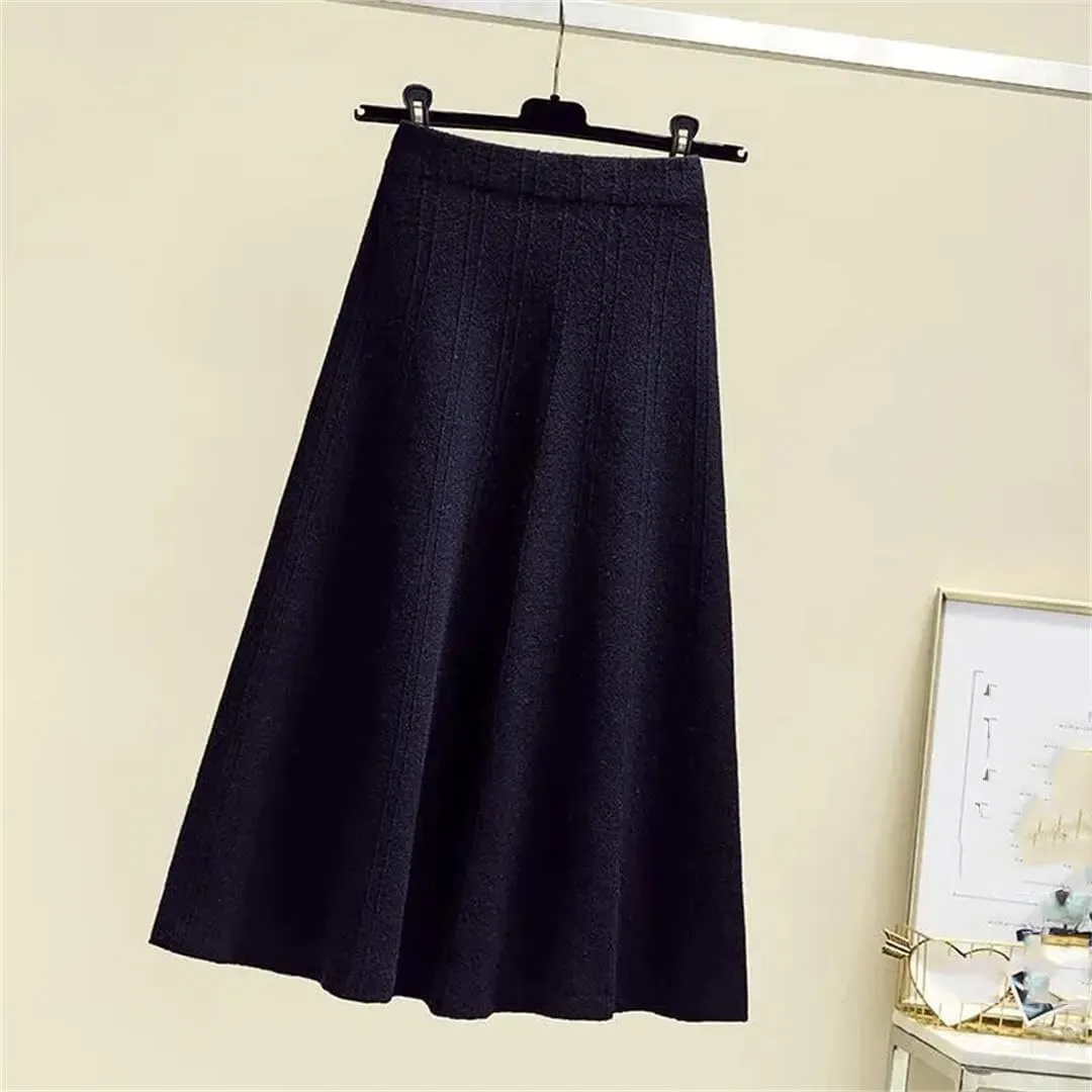 Elegant Midi Pleated Knitted Skirt Women Autumn Winter Mid Length A Line High Waist Skirt