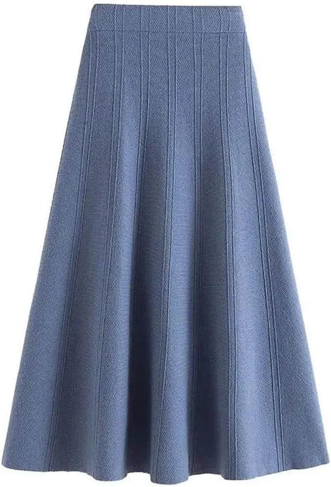 Elegant Midi Pleated Knitted Skirt Women Autumn Winter Mid Length A Line High Waist Skirt