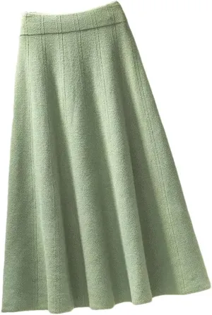 Elegant Midi Pleated Knitted Skirt Women Autumn Winter Mid Length A Line High Waist Skirt