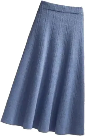 Elegant Midi Pleated Knitted Skirt Women Autumn Winter Mid Length A Line High Waist Skirt