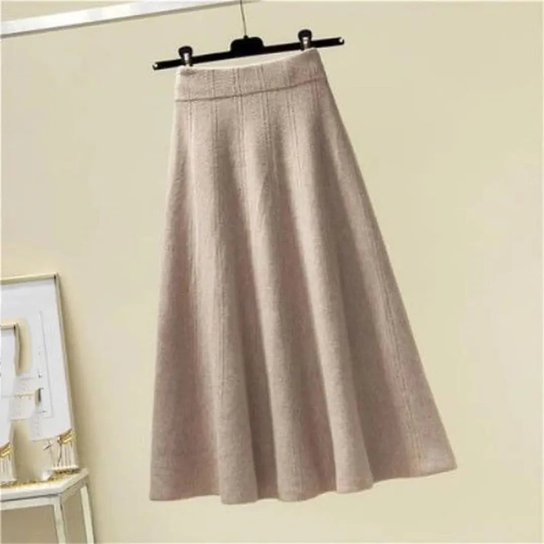 Elegant Midi Pleated Knitted Skirt Women Autumn Winter Mid Length A Line High Waist Skirt