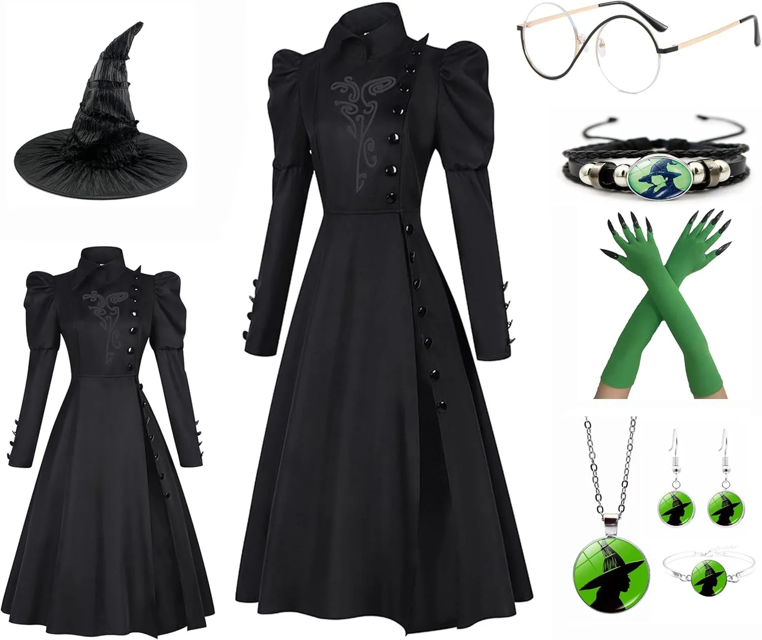 Elphaba Cosplay Robe Dress Cloak Uniform Women Elphaba Glinda Costume Hat Wig Glasses Bracelet Halloween
