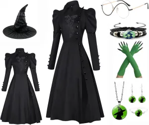 Elphaba Cosplay Robe Dress Cloak Uniform Women Elphaba Glinda Costume Hat Wig Glasses Bracelet Halloween