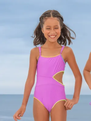 Embroidered Trim Cutout One Piece Swimsuit - Orchid