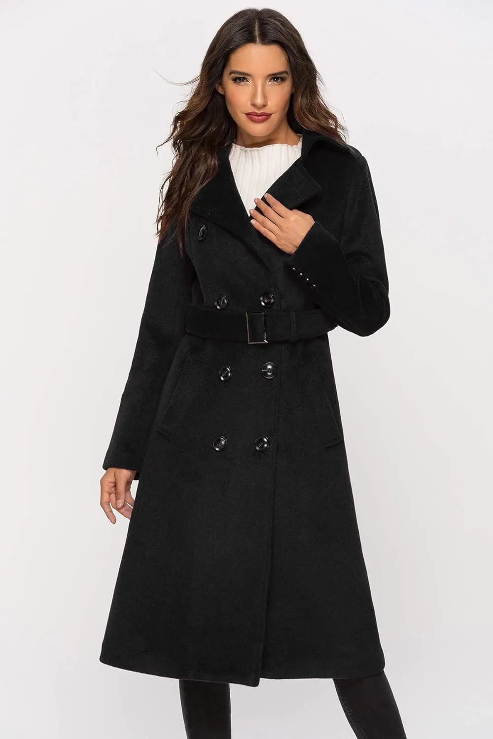 Escalier Womens Wool Coat Double Breasted Pea Coat Winter Long Trench Coat with Belt
