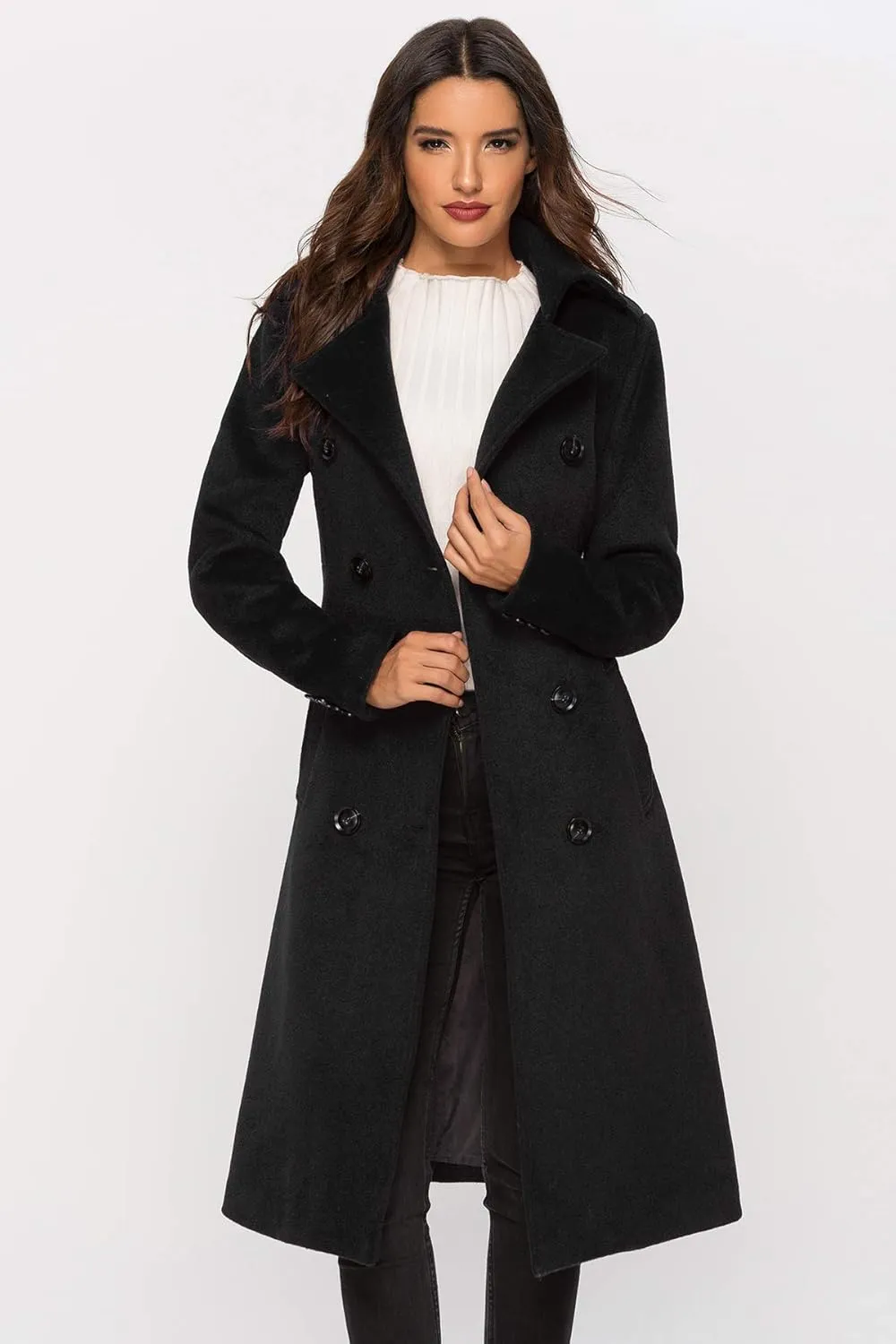 Escalier Womens Wool Coat Double Breasted Pea Coat Winter Long Trench Coat with Belt