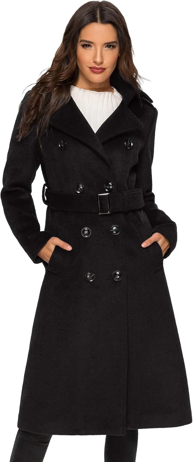 Escalier Womens Wool Coat Double Breasted Pea Coat Winter Long Trench Coat with Belt
