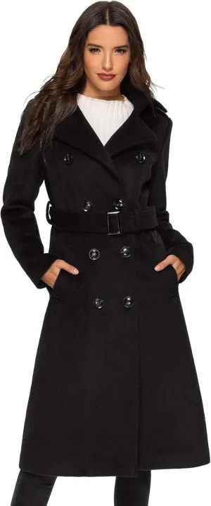 Escalier Womens Wool Coat Double Breasted Pea Coat Winter Long Trench Coat with Belt