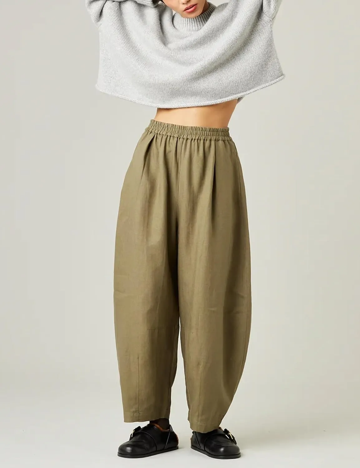 EsheSy Women's Cotton Linen Harem Pants Elastic Waist Wide Leg Pants Loose Lightweight Trousers with Pockets