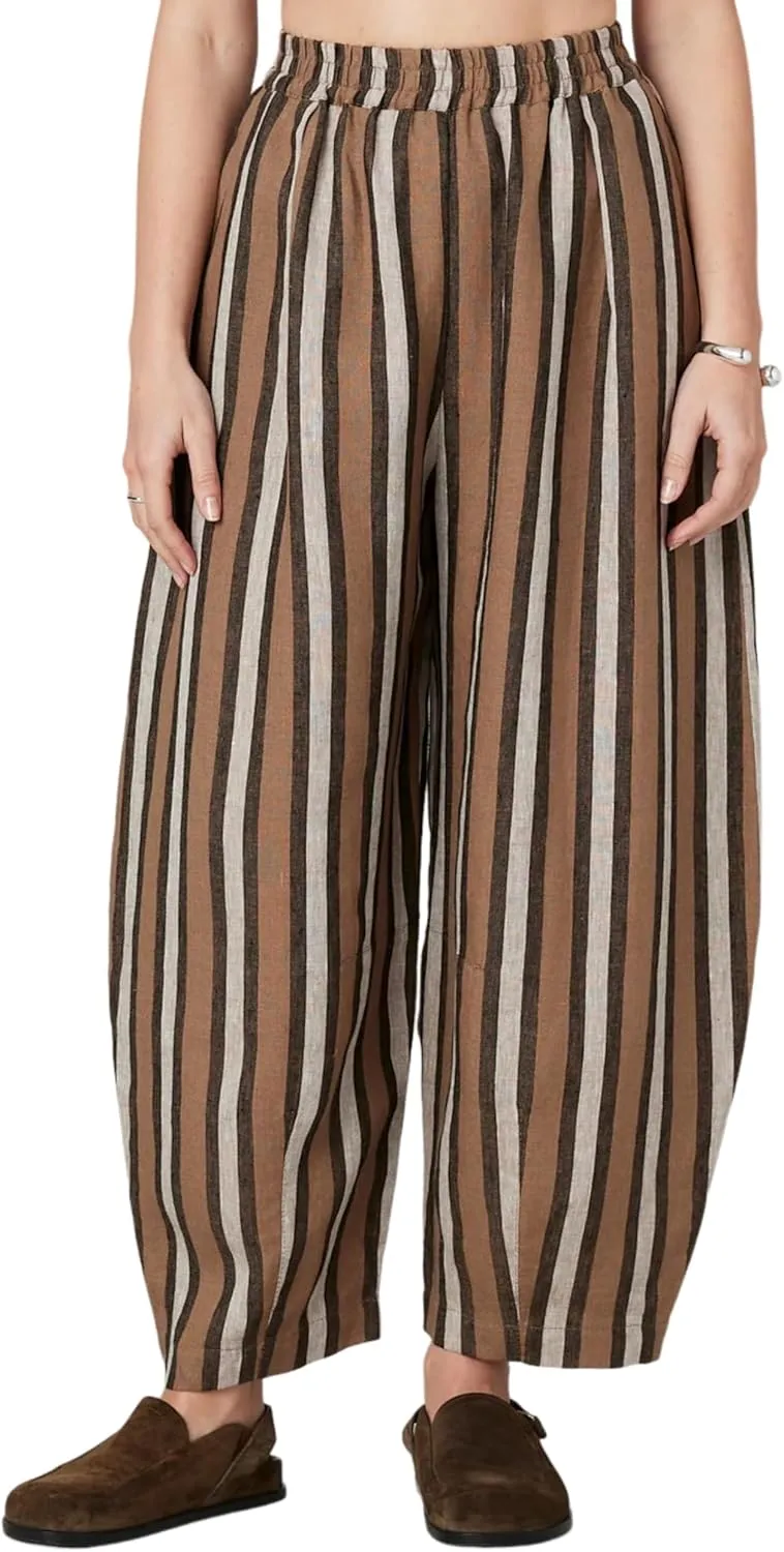 EsheSy Women's Cotton Linen Harem Striped Pants Elastic Waist Wide Leg Pants Loose Lightweight Trousers with Pockets