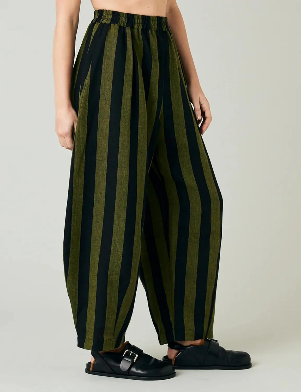 EsheSy Women's Cotton Linen Harem Striped Pants Elastic Waist Wide Leg Pants Loose Lightweight Trousers with Pockets