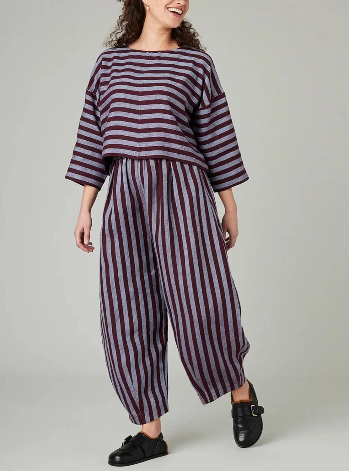 EsheSy Women's Cotton Linen Harem Striped Pants Elastic Waist Wide Leg Pants Loose Lightweight Trousers with Pockets