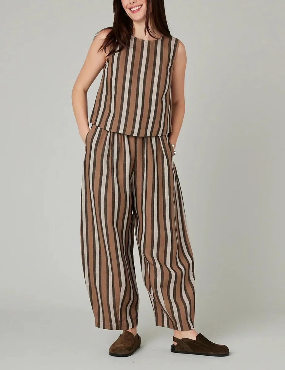EsheSy Women's Cotton Linen Harem Striped Pants Elastic Waist Wide Leg Pants Loose Lightweight Trousers with Pockets
