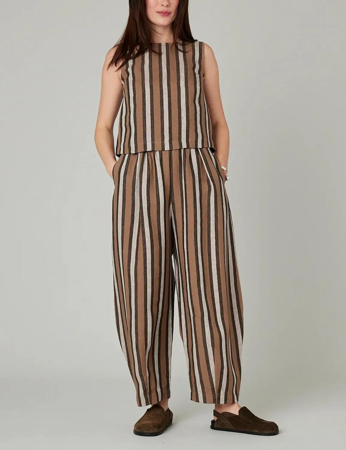 EsheSy Women's Cotton Linen Harem Striped Pants Elastic Waist Wide Leg Pants Loose Lightweight Trousers with Pockets
