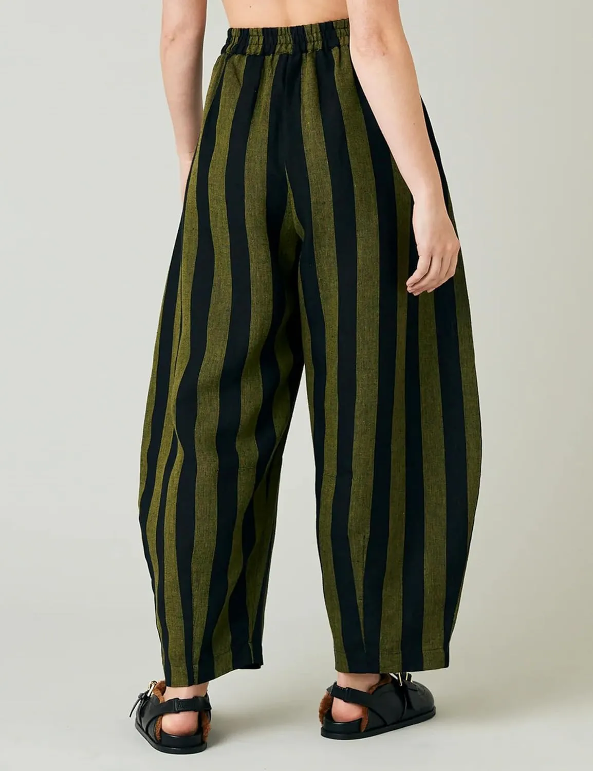 EsheSy Women's Cotton Linen Harem Striped Pants Elastic Waist Wide Leg Pants Loose Lightweight Trousers with Pockets