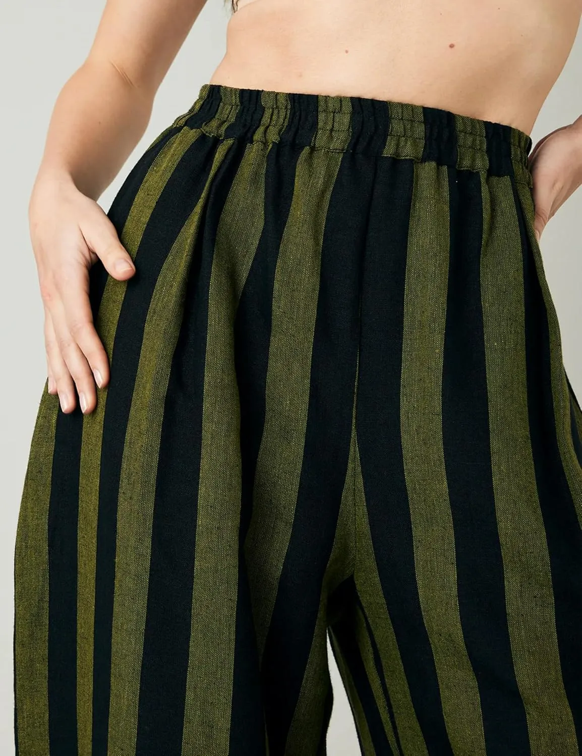 EsheSy Women's Cotton Linen Harem Striped Pants Elastic Waist Wide Leg Pants Loose Lightweight Trousers with Pockets