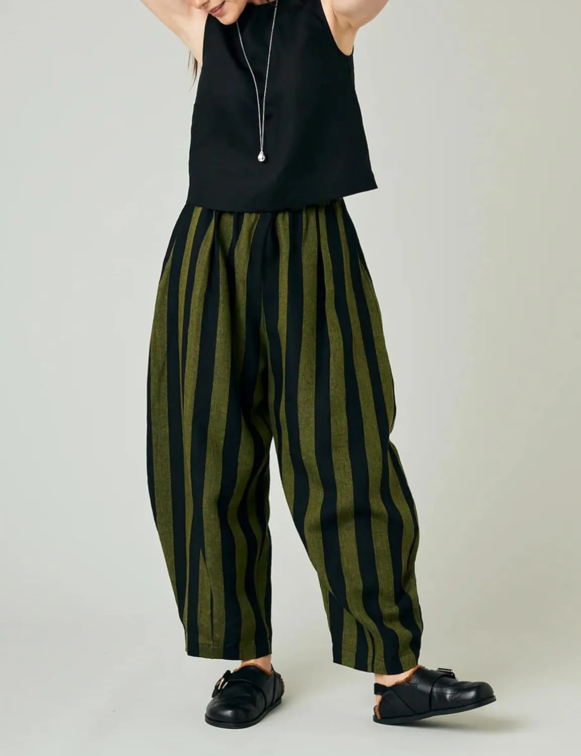 EsheSy Women's Cotton Linen Harem Striped Pants Elastic Waist Wide Leg Pants Loose Lightweight Trousers with Pockets