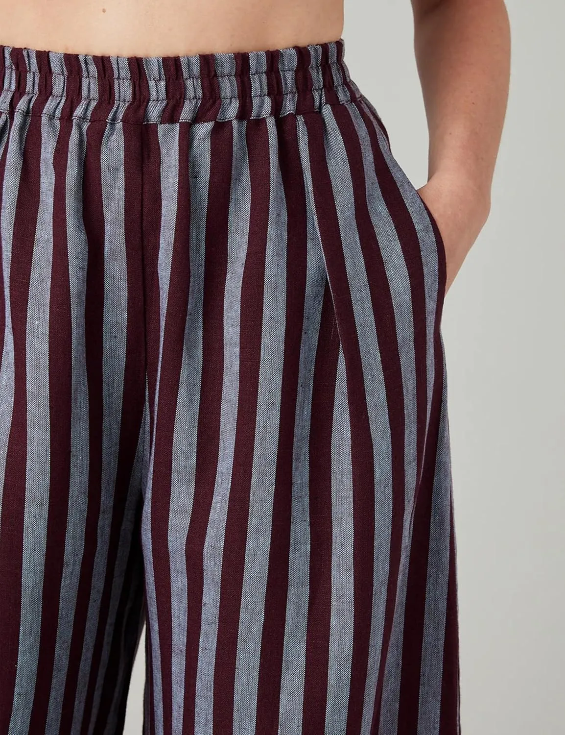EsheSy Women's Cotton Linen Harem Striped Pants Elastic Waist Wide Leg Pants Loose Lightweight Trousers with Pockets