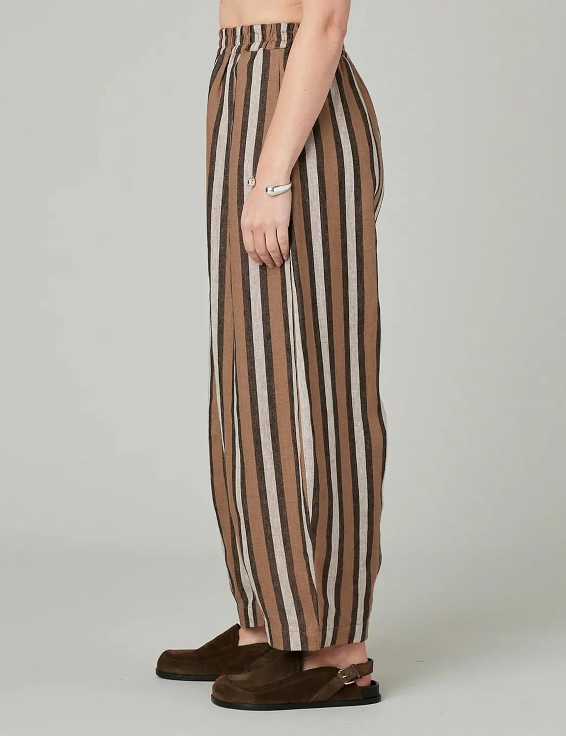 EsheSy Women's Cotton Linen Harem Striped Pants Elastic Waist Wide Leg Pants Loose Lightweight Trousers with Pockets