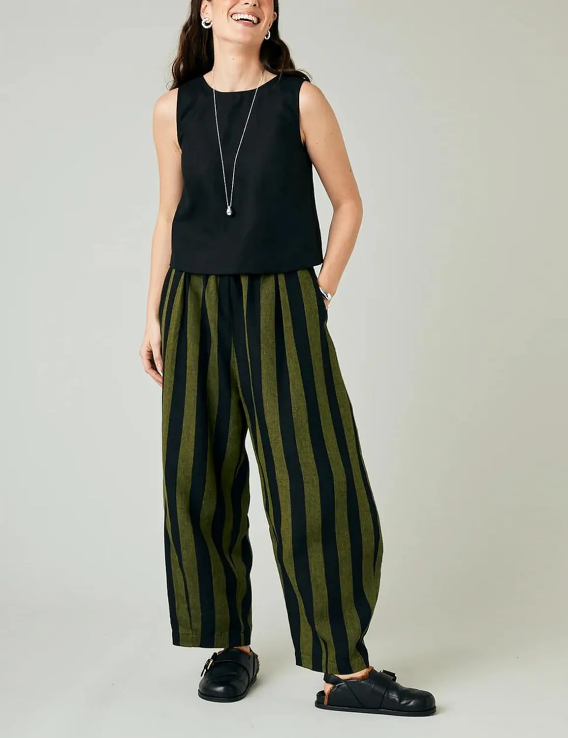 EsheSy Women's Cotton Linen Harem Striped Pants Elastic Waist Wide Leg Pants Loose Lightweight Trousers with Pockets
