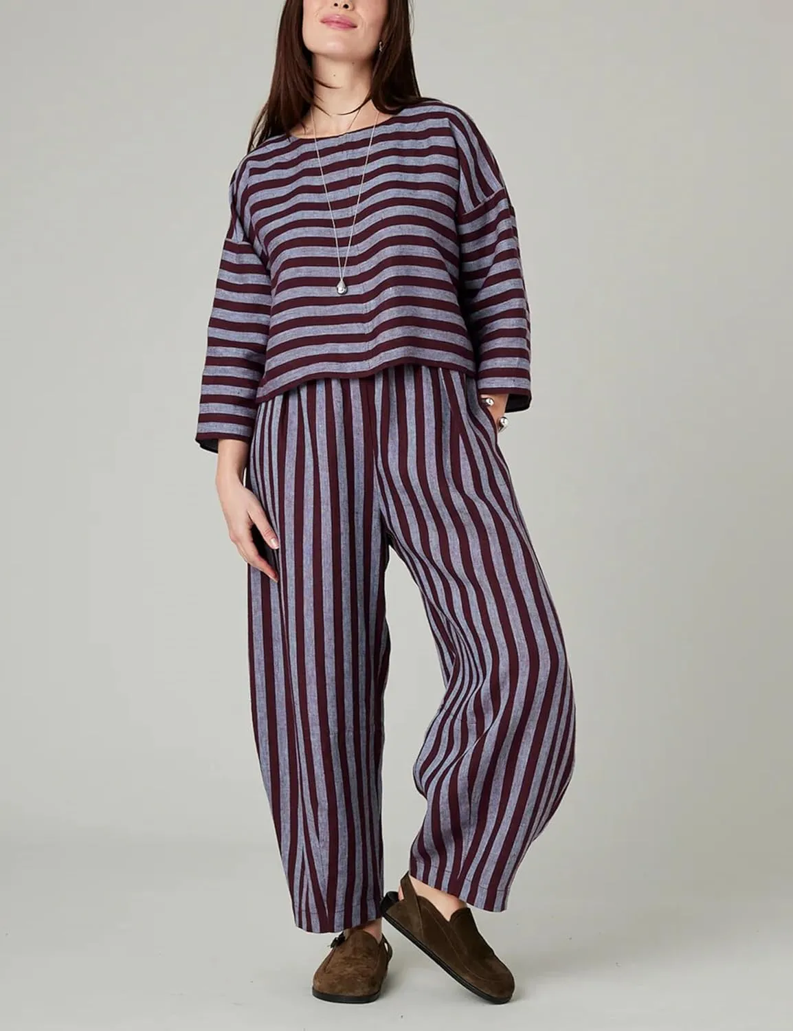 EsheSy Women's Cotton Linen Harem Striped Pants Elastic Waist Wide Leg Pants Loose Lightweight Trousers with Pockets