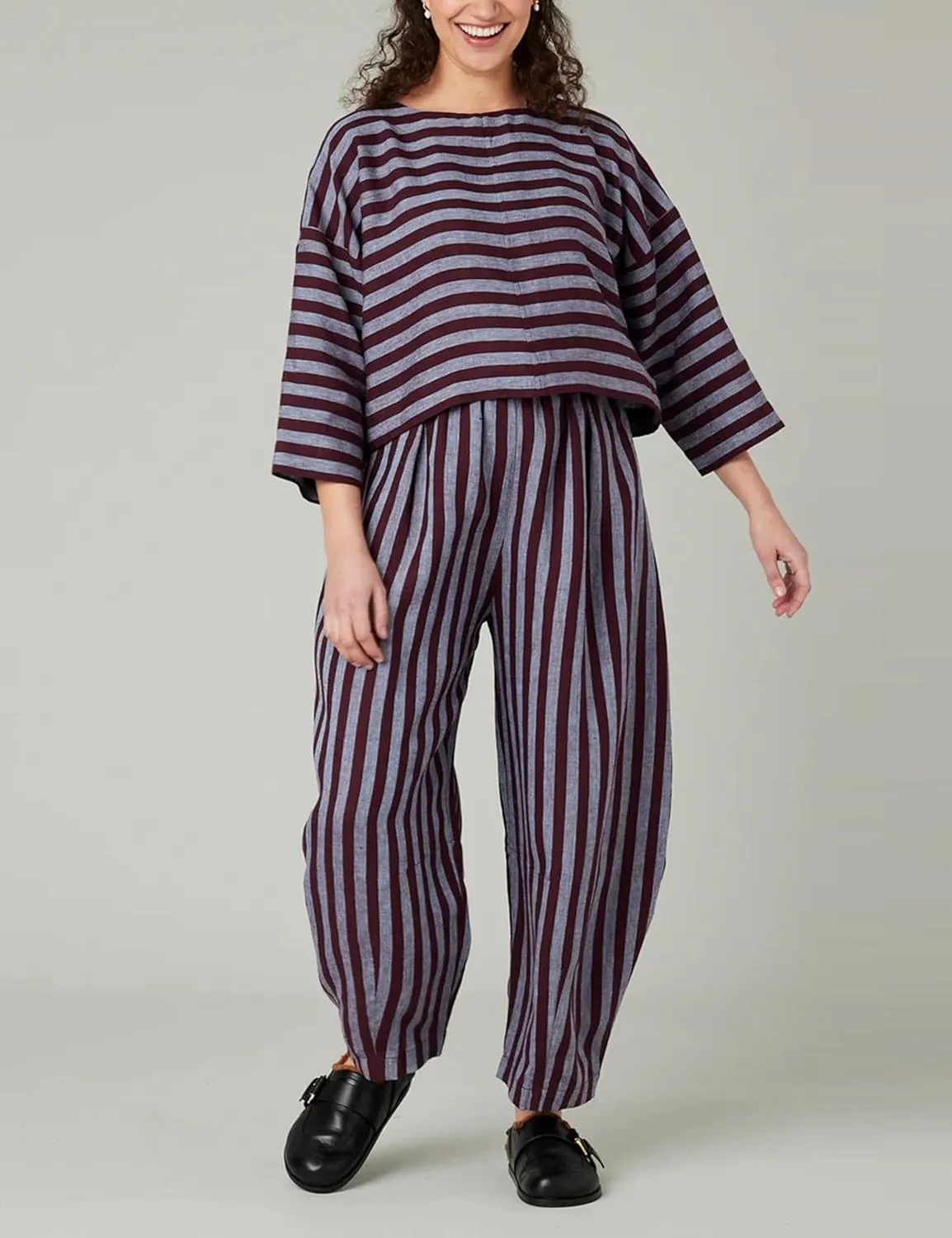 EsheSy Women's Cotton Linen Harem Striped Pants Elastic Waist Wide Leg Pants Loose Lightweight Trousers with Pockets