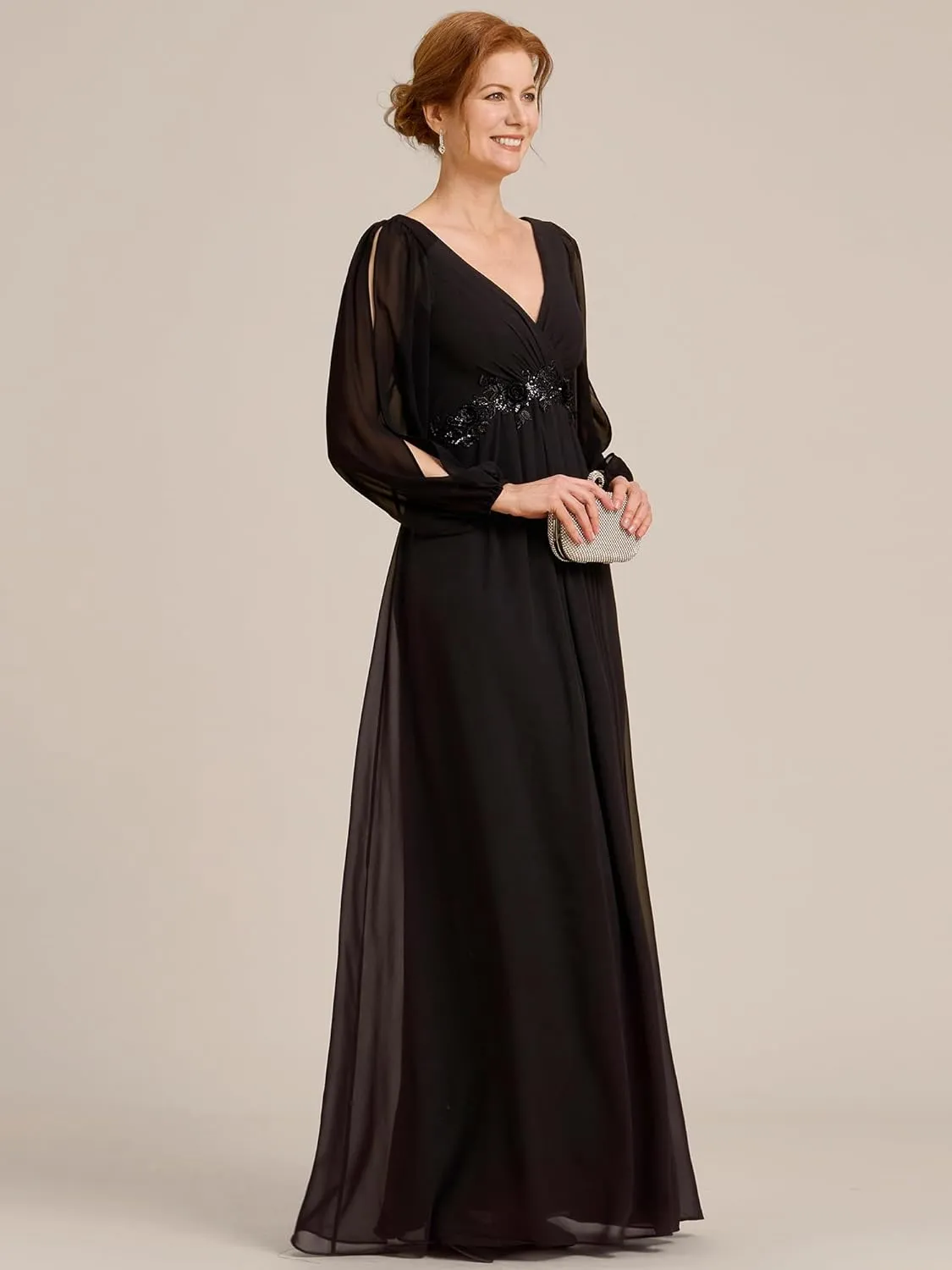 Ever-Pretty Women's V-Neck Chiffon A-Line Waist Appliques Flowing Sleeves Floor Length Mother of The Bride Dresses 00461-PH