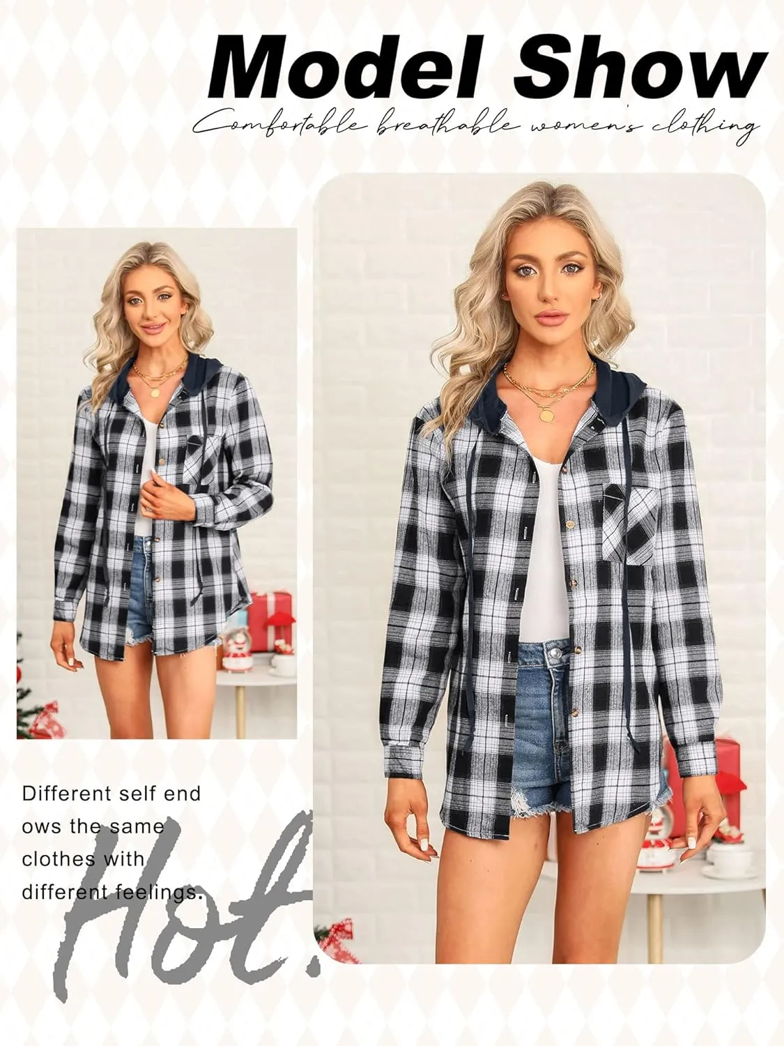 Ezcosplay Women Shacket Flannel Plaid Tops Long Sleeve Plaid Blouse Hood Button Down Casual Shirt Coat