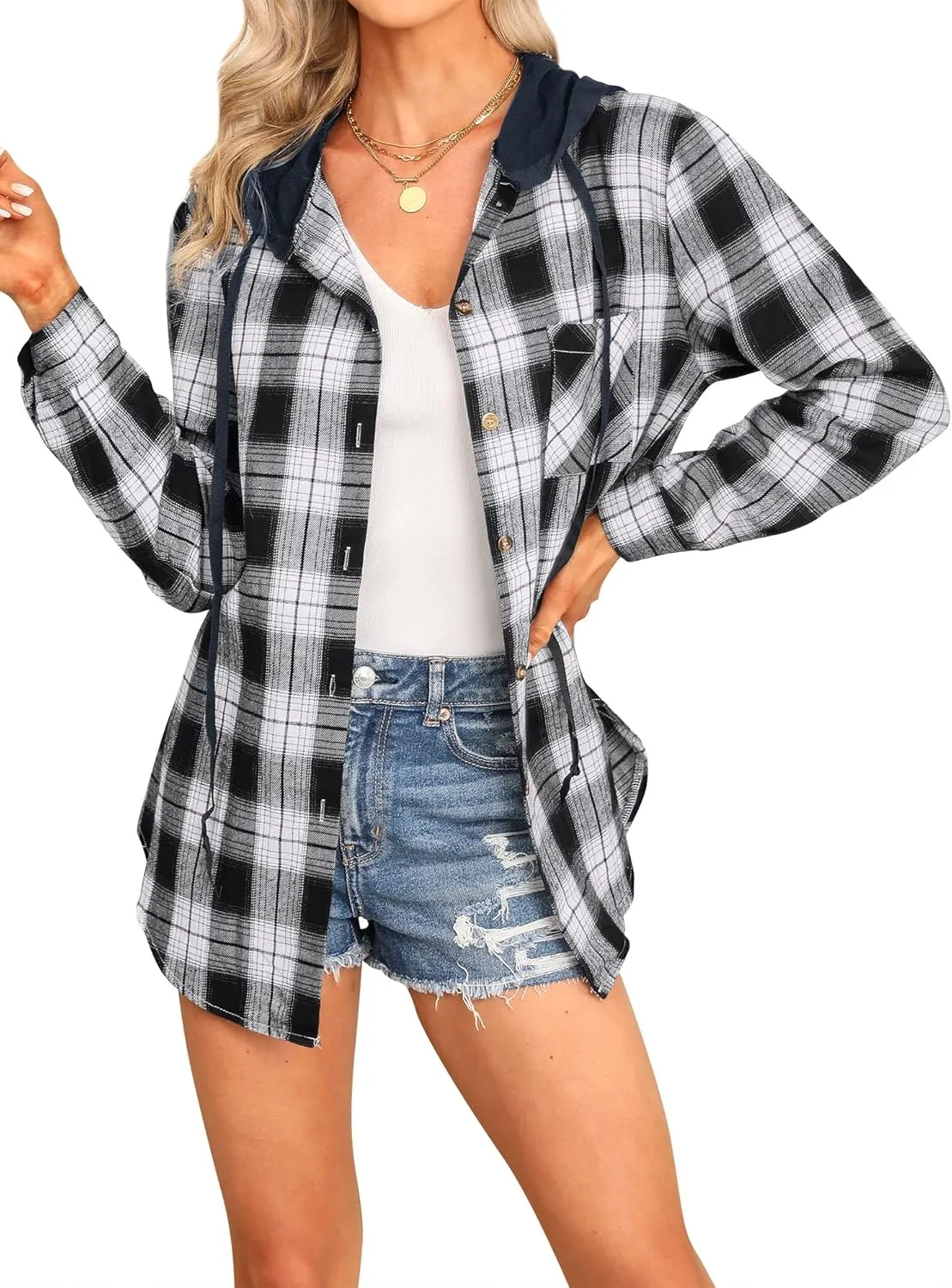 Ezcosplay Women Shacket Flannel Plaid Tops Long Sleeve Plaid Blouse Hood Button Down Casual Shirt Coat