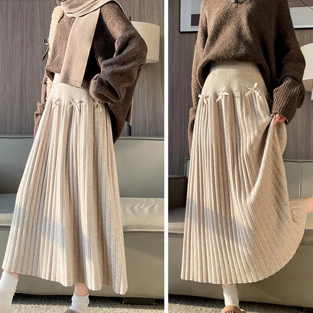 Fall Winter Knitted Pleated Skirt for Women Bow Decor Elastic High Waist Midi A-Line Skirt
