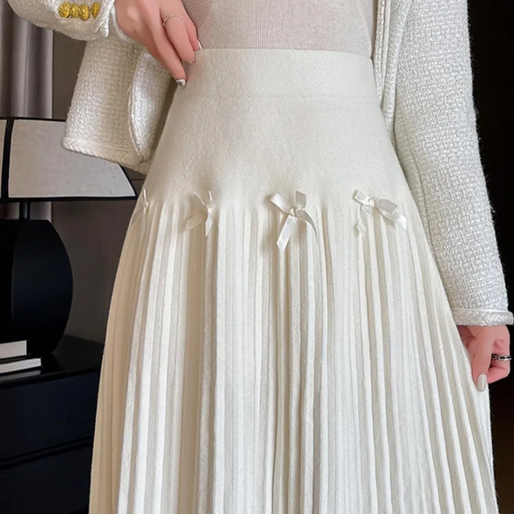 Fall Winter Knitted Pleated Skirt for Women Bow Decor Elastic High Waist Midi A-Line Skirt