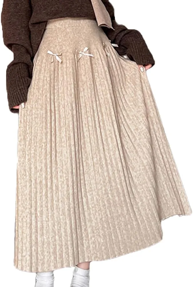 Fall Winter Knitted Pleated Skirt for Women Bow Decor Elastic High Waist Midi A-Line Skirt