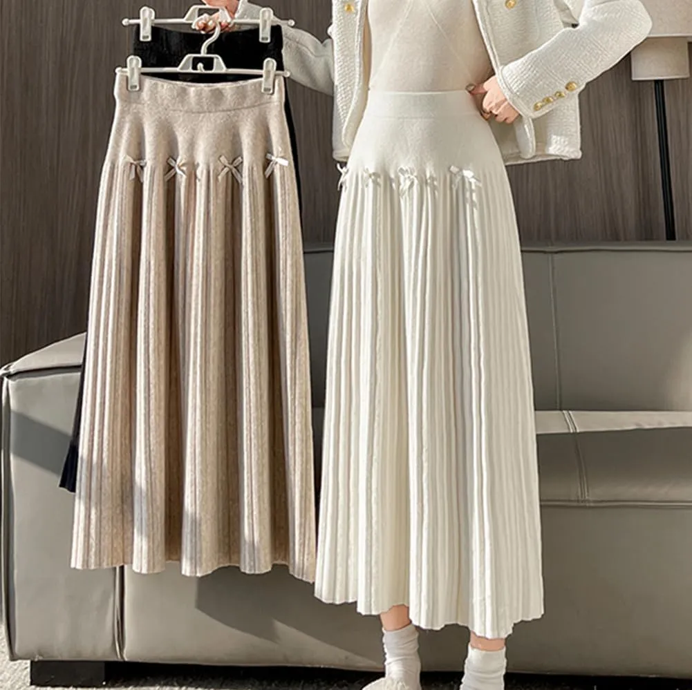 Fall Winter Knitted Pleated Skirt for Women Bow Decor Elastic High Waist Midi A-Line Skirt