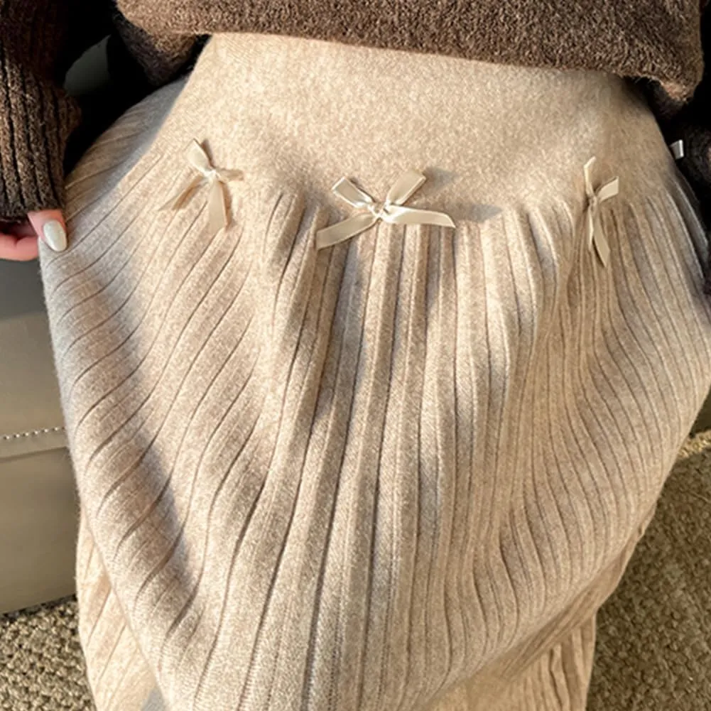 Fall Winter Knitted Pleated Skirt for Women Bow Decor Elastic High Waist Midi A-Line Skirt