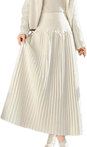 Fall Winter Knitted Pleated Skirt for Women Bow Decor Elastic High Waist Midi A-Line Skirt