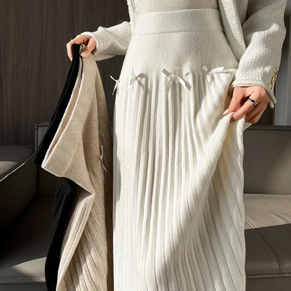 Fall Winter Knitted Pleated Skirt for Women Bow Decor Elastic High Waist Midi A-Line Skirt