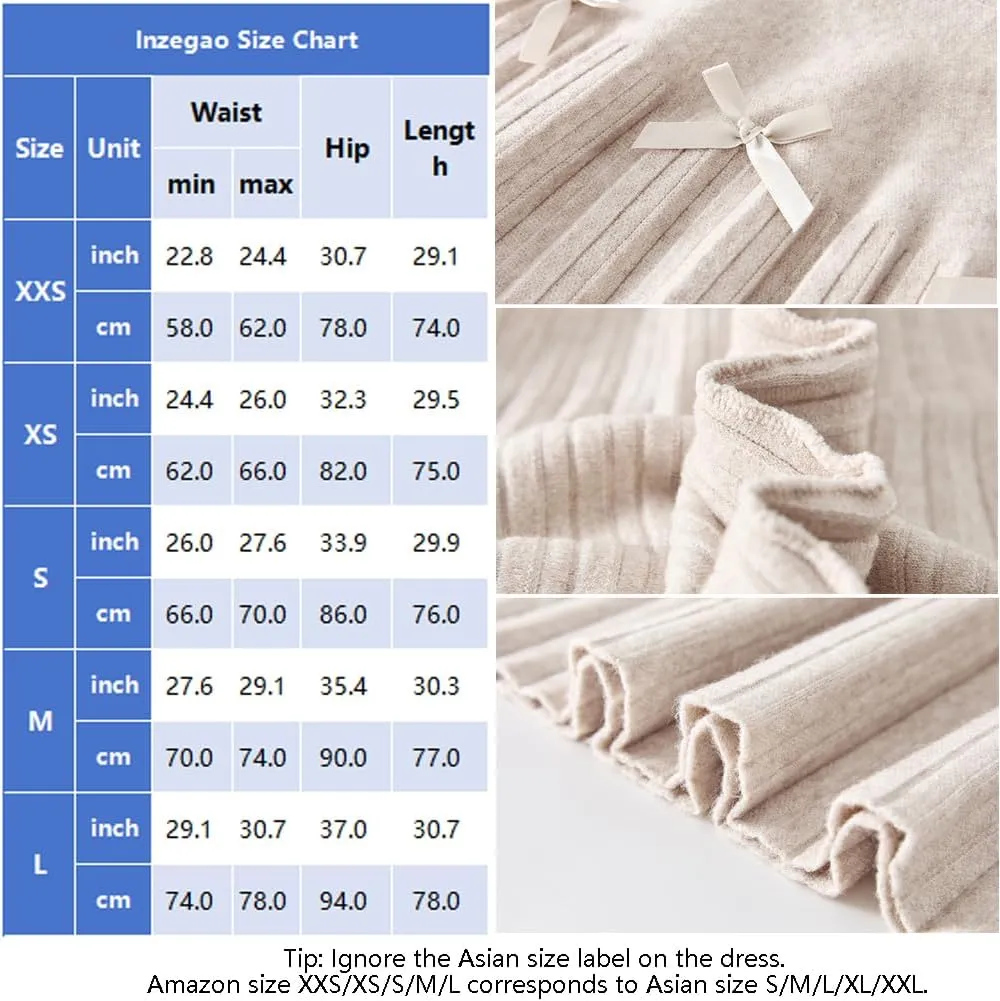 Fall Winter Knitted Pleated Skirt for Women Bow Decor Elastic High Waist Midi A-Line Skirt