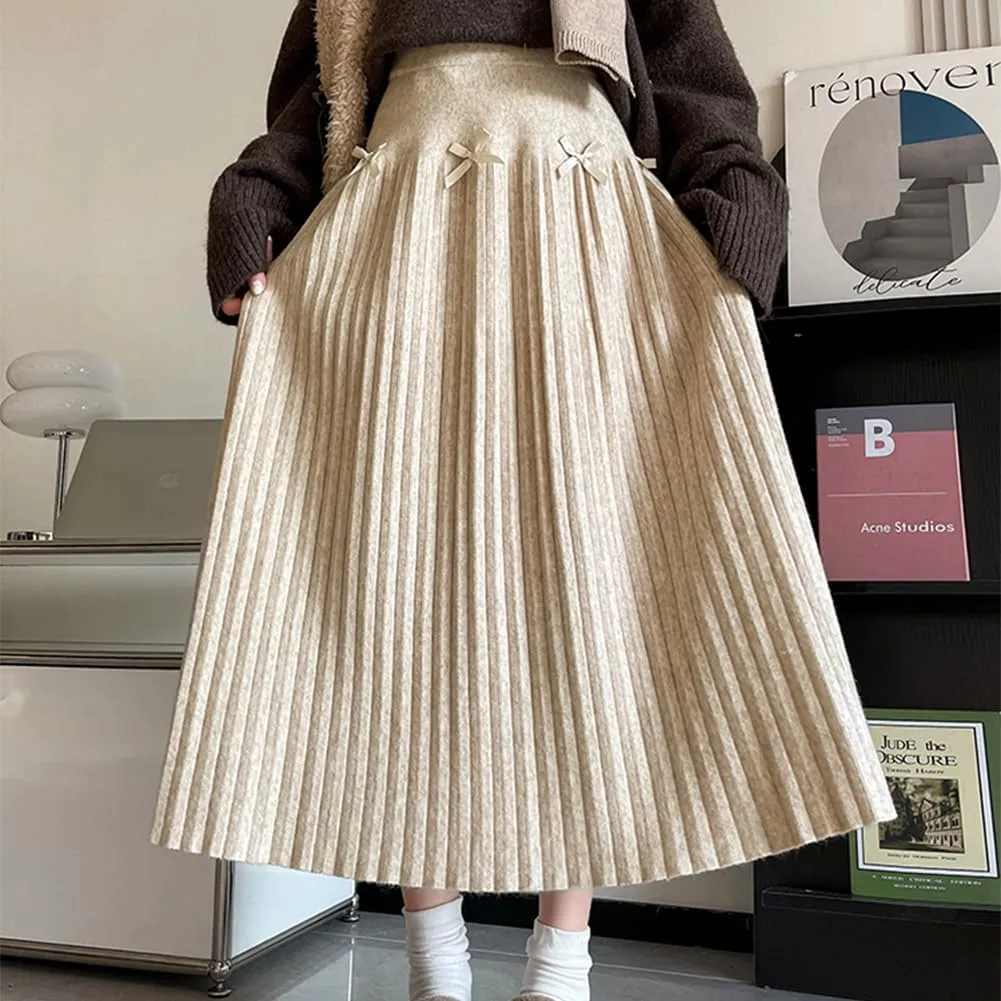 Fall Winter Knitted Pleated Skirt for Women Bow Decor Elastic High Waist Midi A-Line Skirt