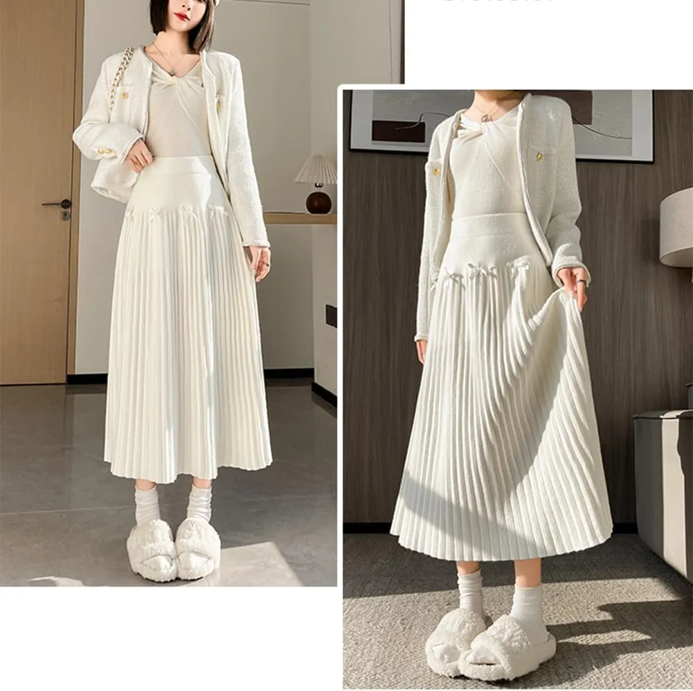Fall Winter Knitted Pleated Skirt for Women Bow Decor Elastic High Waist Midi A-Line Skirt