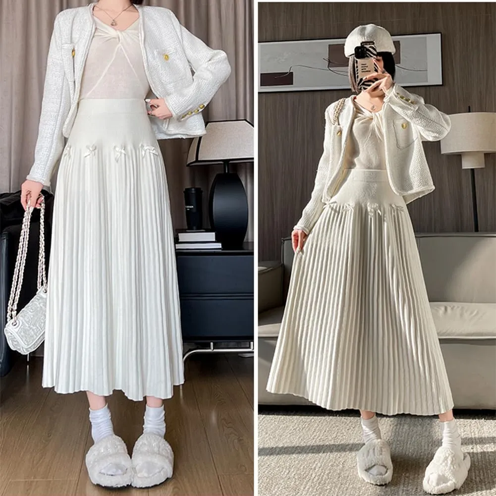 Fall Winter Knitted Pleated Skirt for Women Bow Decor Elastic High Waist Midi A-Line Skirt