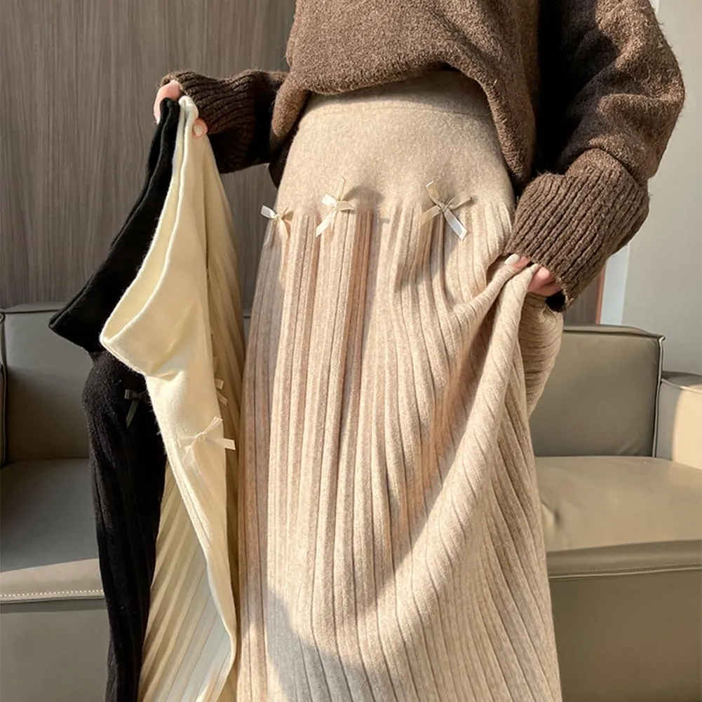 Fall Winter Knitted Pleated Skirt for Women Bow Decor Elastic High Waist Midi A-Line Skirt