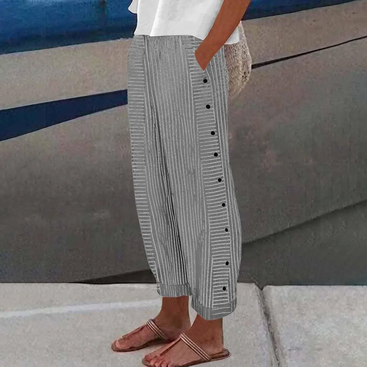 fanmpghleoo Striped Linen Pants Women Summer Elastic High Waisted Wide Leg Pinstripe Pants Casual Plus Size Beach Gauze Pants
