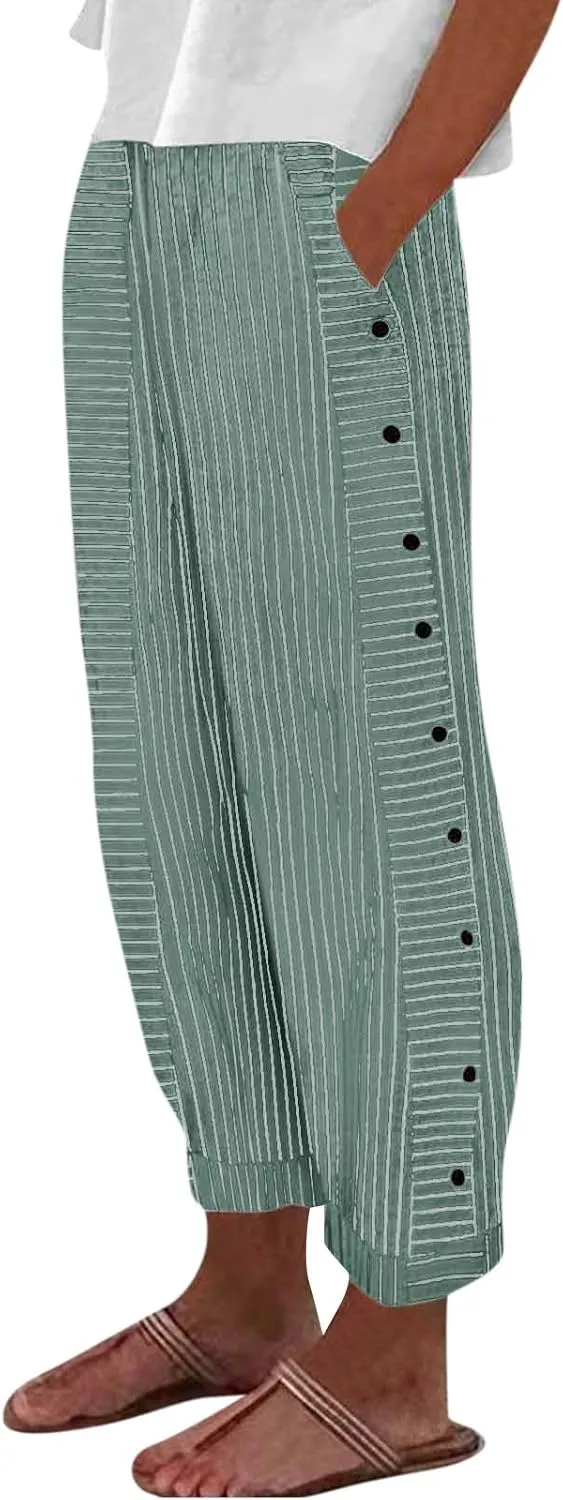 fanmpghleoo Striped Linen Pants Women Summer Elastic High Waisted Wide Leg Pinstripe Pants Casual Plus Size Beach Gauze Pants