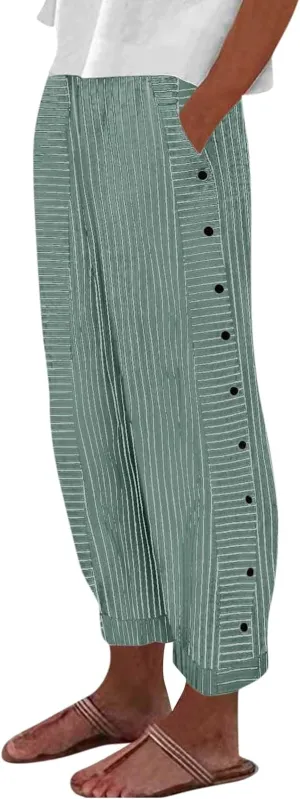 fanmpghleoo Striped Linen Pants Women Summer Elastic High Waisted Wide Leg Pinstripe Pants Casual Plus Size Beach Gauze Pants