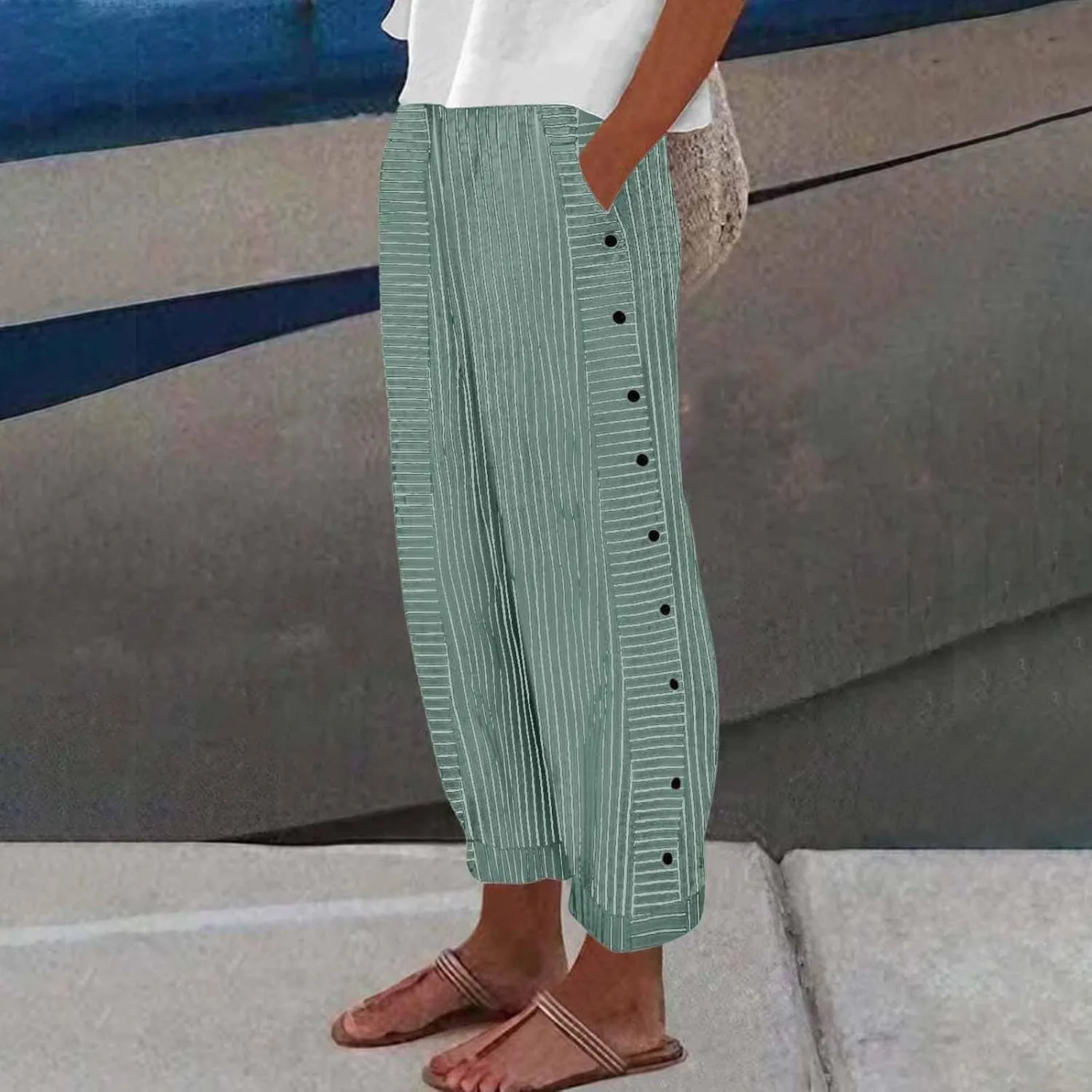 fanmpghleoo Striped Linen Pants Women Summer Elastic High Waisted Wide Leg Pinstripe Pants Casual Plus Size Beach Gauze Pants