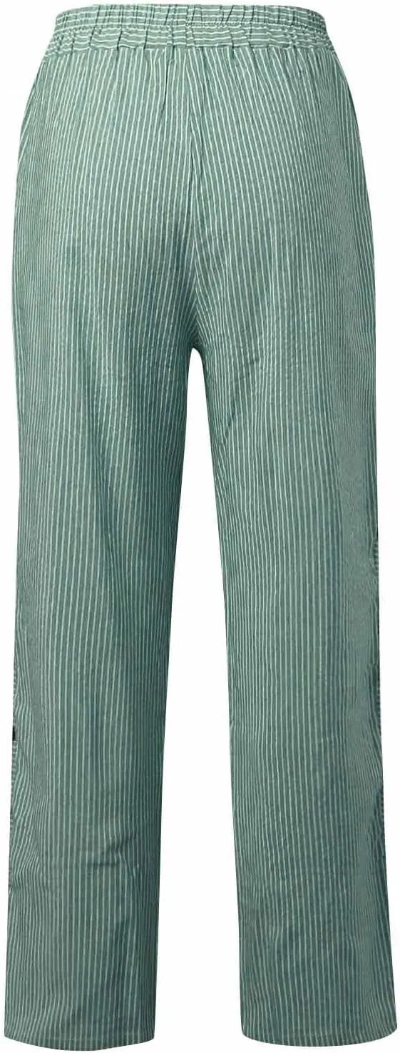 fanmpghleoo Striped Linen Pants Women Summer Elastic High Waisted Wide Leg Pinstripe Pants Casual Plus Size Beach Gauze Pants