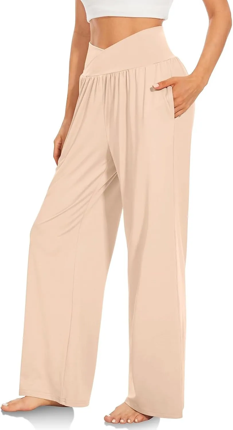 fanmpghleoo Wide Leg Yoga Pants for Women with Pockets High Waisted Lounge Pajama Flowy Pants Crossover Casual Loose Pants