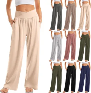 fanmpghleoo Wide Leg Yoga Pants for Women with Pockets High Waisted Lounge Pajama Flowy Pants Crossover Casual Loose Pants