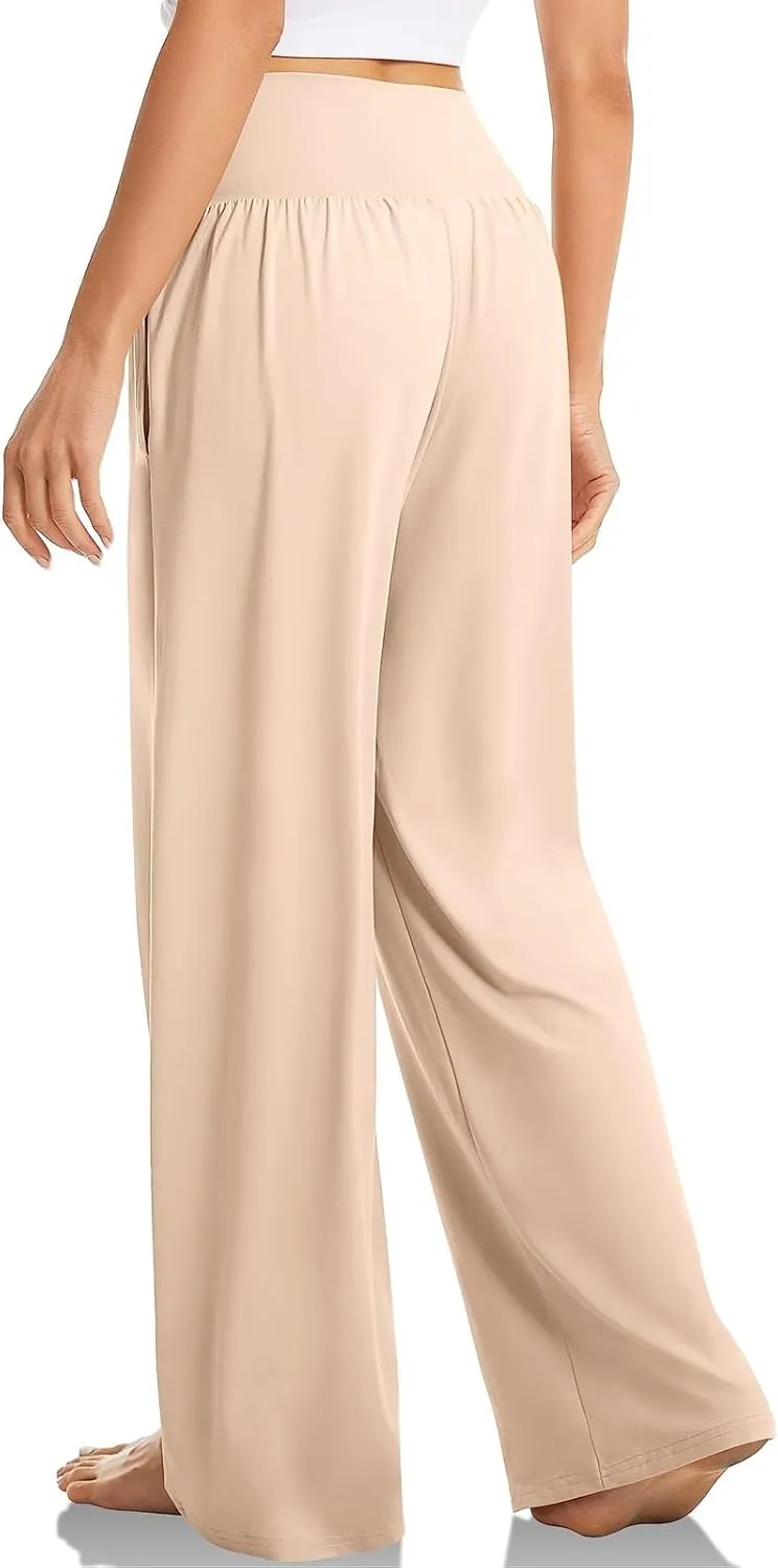 fanmpghleoo Wide Leg Yoga Pants for Women with Pockets High Waisted Lounge Pajama Flowy Pants Crossover Casual Loose Pants