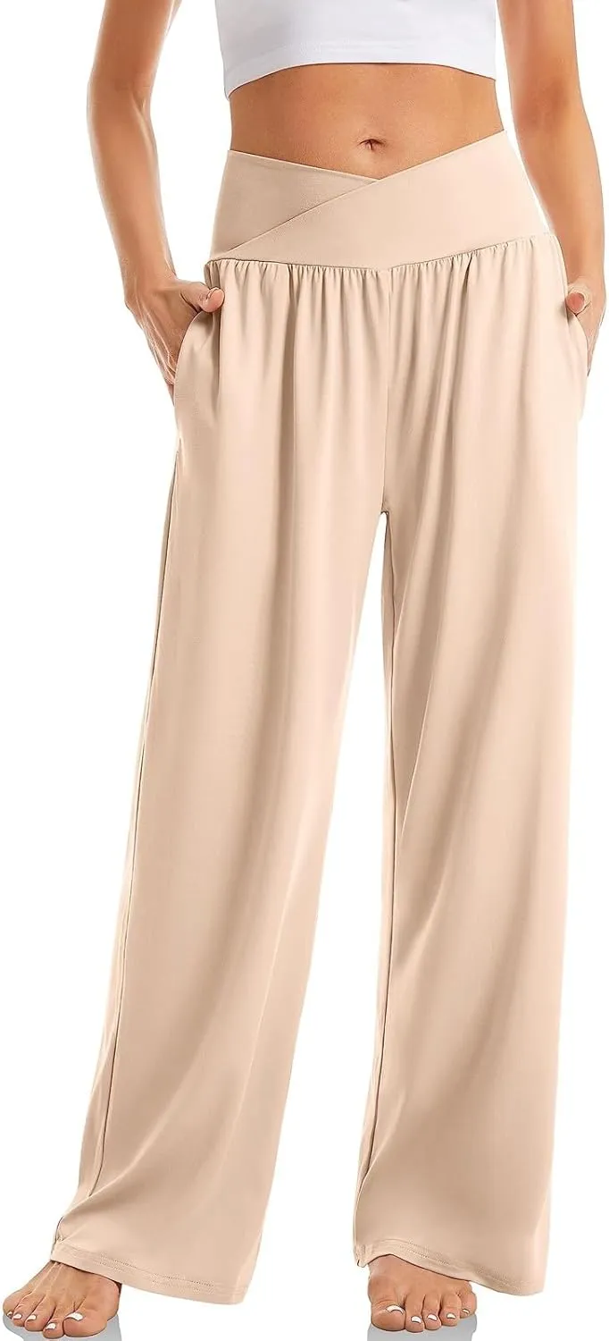 fanmpghleoo Wide Leg Yoga Pants for Women with Pockets High Waisted Lounge Pajama Flowy Pants Crossover Casual Loose Pants